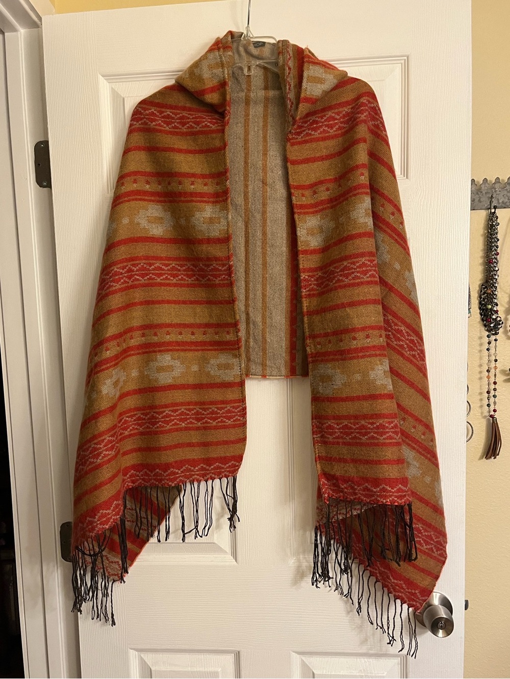 Topshop Southwestern Hooded Shawl in Rust and Tan with Fringed Hem